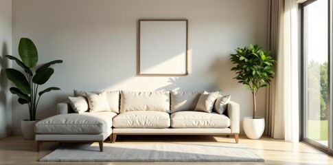 Contemporary lounge area with neutral color palette and plush sofa, cozy, stylish, elegant