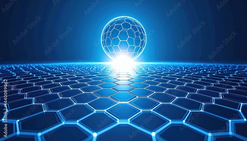 Poster dynamic blue sphere emitting light over hexagonal grid digital realm 3d visualization futuristic env