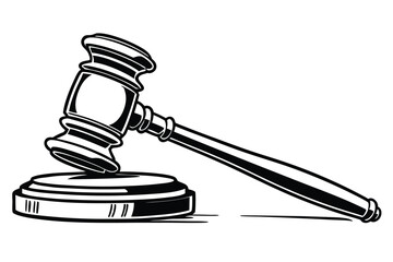Black and white graphic illustration of a gavel used in law court