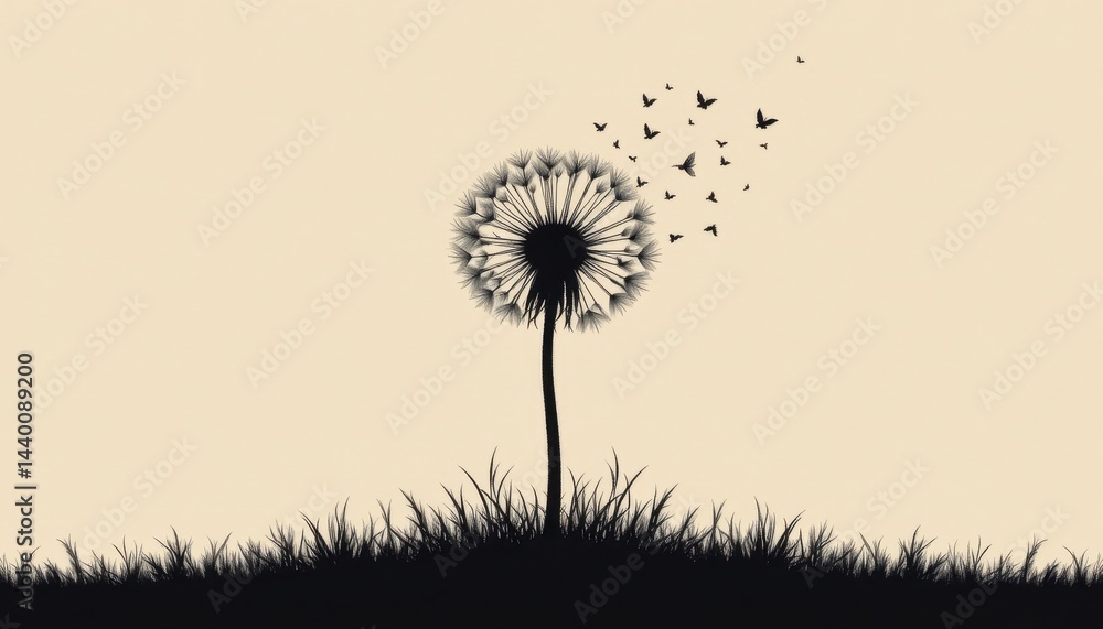 Poster minimalist art a minimalist depiction of a dandelion silhouette against a solid color background, fo