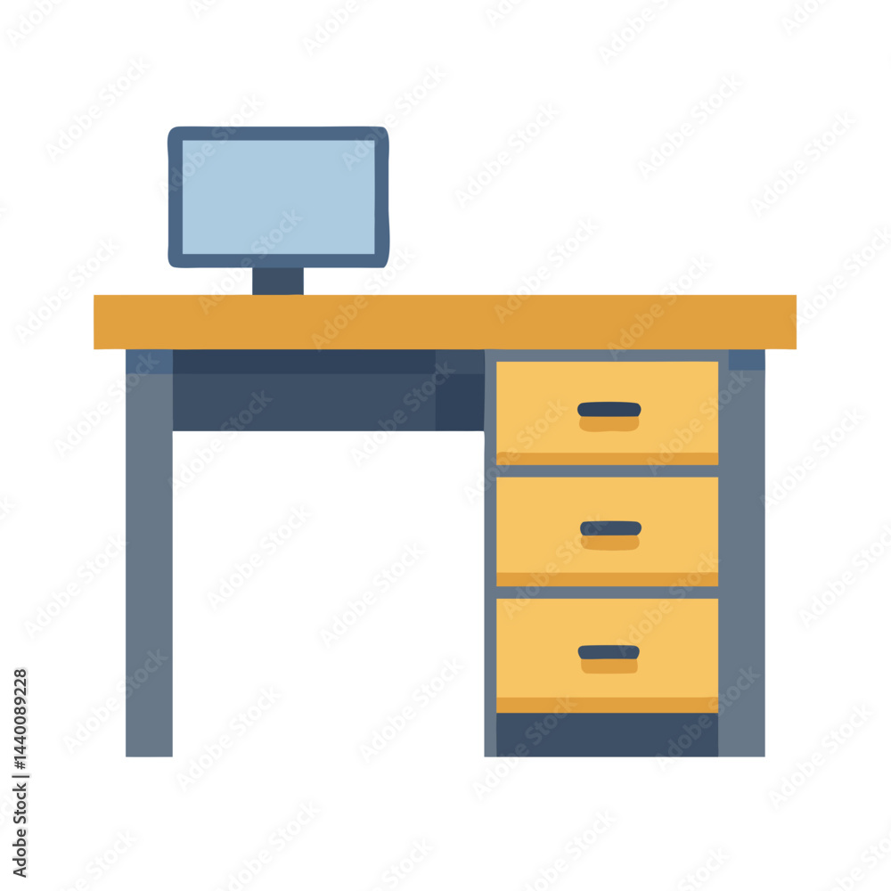 Poster office desk with computer monitor and three drawers in vector graphic
