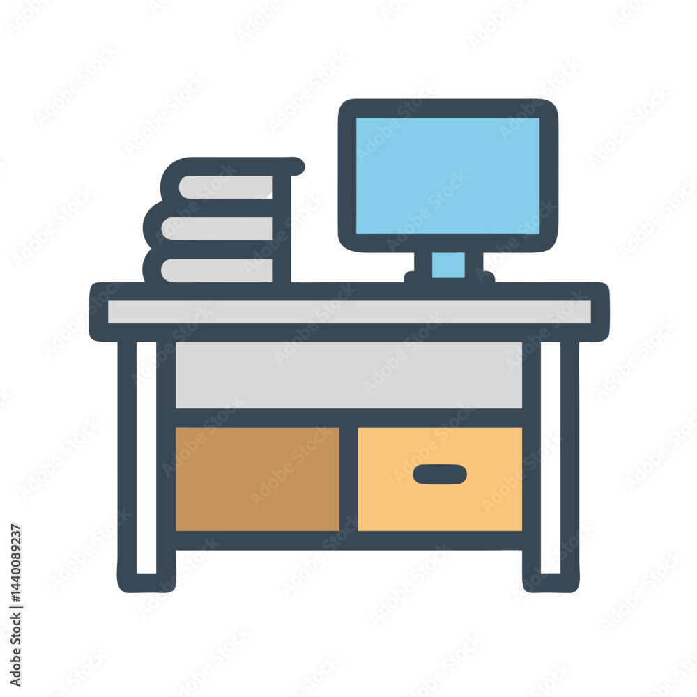 Poster desk with computer monitor and books vector icon on black background
