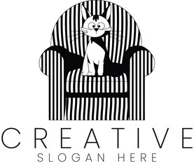 Stylish Black White Cat Sitting Striped Armchair Elegant Design Logo pet pet cute home icon decor   