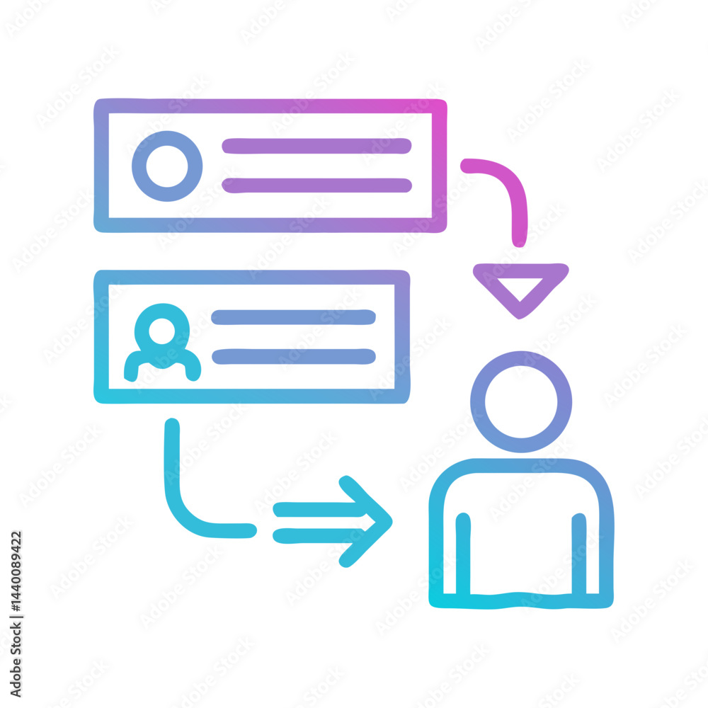 Poster workflow icon: data exchange and process management with user focus and automation