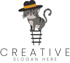 Stylish Gray Cat Wearing Hat on Ladder Creative Logo Design pet art cute grey icon flat cute black  