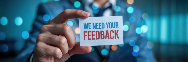 A person holding a card requesting feedback.