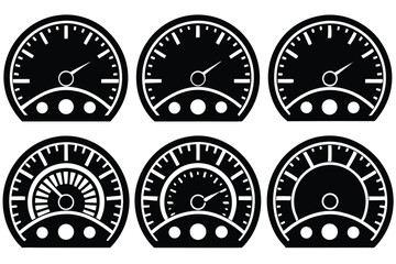 Obraz premium Black and white speedometer icons set automotive speed measurement graphic elements