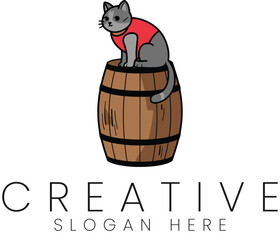 Adorable Cat Sitting on Wooden Barrel Cute Cartoon Illustration Design pet red pet gray logo icon   