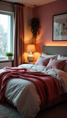 Cozy bedroom with cozy blankets, fluffy pillows, sleek furniture, and ambient lighting, stylish, contemporary, room