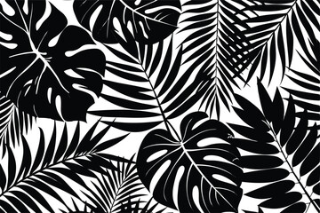 Bold black and white tropical leaves illustration seamless foliage pattern design