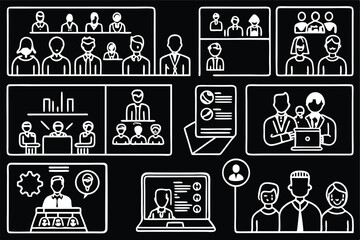 Business meeting doodle vector illustration collaboration teamwork conference online presentation