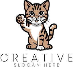 Adorable Tabby Kitten Waving Paw Cute Cartoon Pet Illustration Design cat wave logo icon image sweet