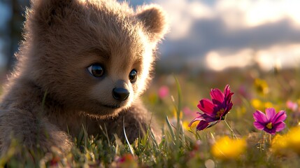 Obraz premium Curious Bear Cub in a Flower Meadow on a Sunny Day