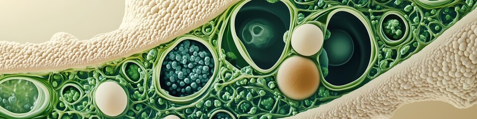 Close up view of plant cells showing green structures and internal components in detailed arrangement