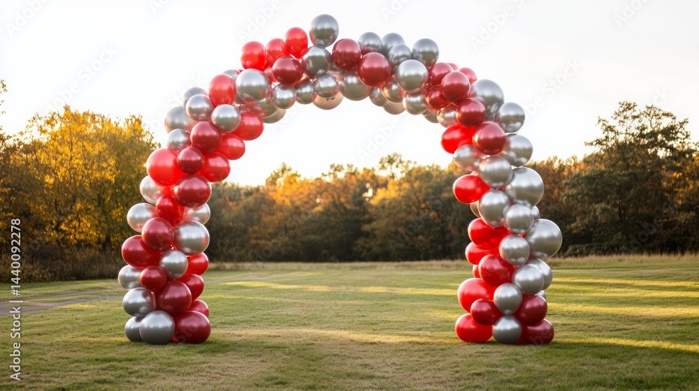 Poster a large arch made of balloons is set up in a field