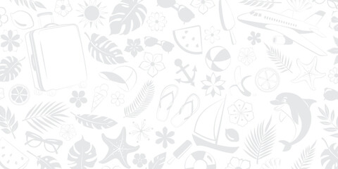 Illustration combines many elements such as lush palm leaves, tropical flowers, airplane, dolphin, sun, suitcase, and other travel symbols, all in harmonious shades of gray.