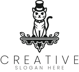 Elegant Cat Logo Design Top Hat Floral Decor Sitting Pet art cute icon line black white image brand 