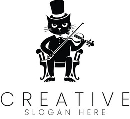 Elegant Black Cat Playing Violin Musical Art Design Illustration logo icon chair image retro animal 