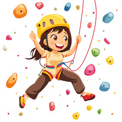 Cute Cartoon Girl Climbing Wall with Helmet and Harness in Indoor Rock Climbing Illustration
