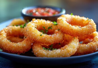 Crispy Golden Onion Rings Served with Tangy Dipping Sauce Garnished with Fresh Herbs on a Dark Background