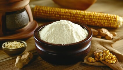 Fototapeta premium Bowl of fine, light-colored corn flour next to corncob