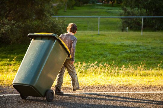 Young boy doing job taking bin across the road