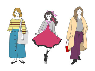 人物イラストセット：おしゃれな女性の全身ポーズ