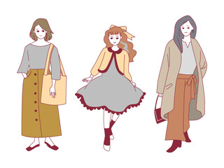 人物イラストセット：おしゃれな女性の全身ポーズ