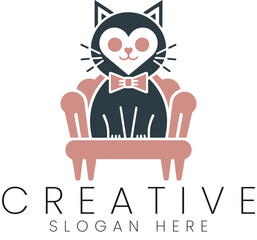 Elegant Cat in Armchair Logo Design Pink Bowtie Creative Pet art cute home love flat icon heart     