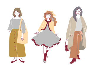 人物イラストセット：おしゃれな女性の全身ポーズ