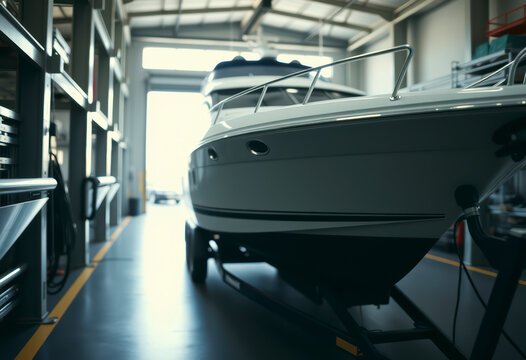 Big luxury cabin motorboat cruiser is positioned on a trailer ramp, prepared for launching after being stored in the facility.