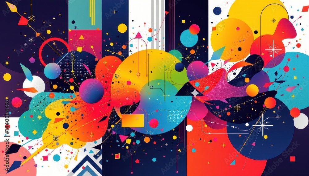 Poster abstract geometric shapes colorful splashes interspersed with geometric shapes, merging modern desig