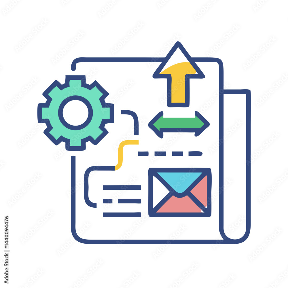 Poster automation process workflow diagram with gear, arrows, and envelope icon