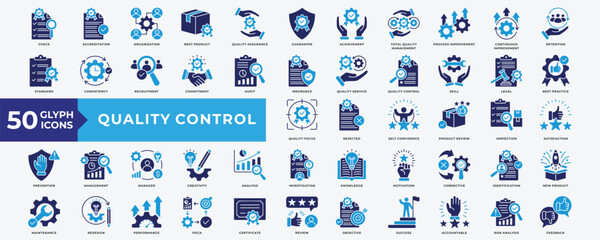 Quality Control icon set with accreditation, best product, quality assurance, achievement, process improvement, continuous improvement, quality service, quality control and maintenance