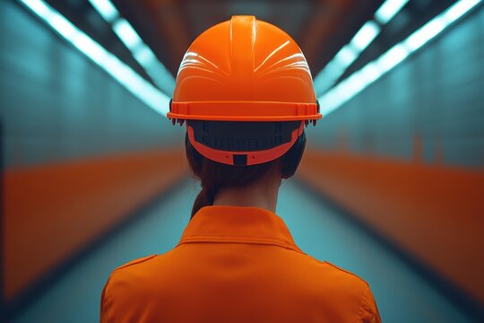 Worker in safety gear observes tunnel construction environment during day