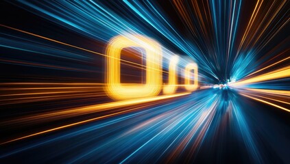 Abstract digital speed; glowing numbers in motion blur tunnel