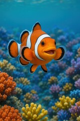 Clownfish swimming near colorful coral reef in clear blue ocean water