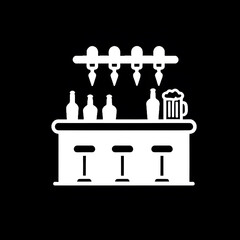 Isolated black and white silhouette icon of a pub, bar counter table, stools ,beer bottles and taps