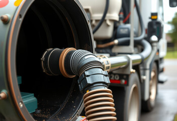 Close up view of a pipe hose from a sewage truck functioning to empty a home sewage tank during a septic cleaning service in a neighborhood.