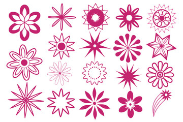 Collection of magenta flower and star shapes vector illustration on white background