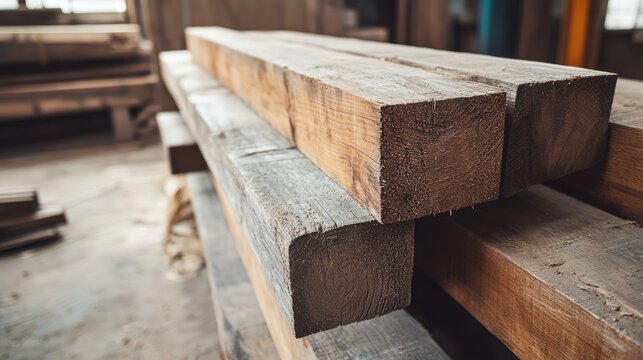Rustic pile of hardwood beams ready for traditional construction