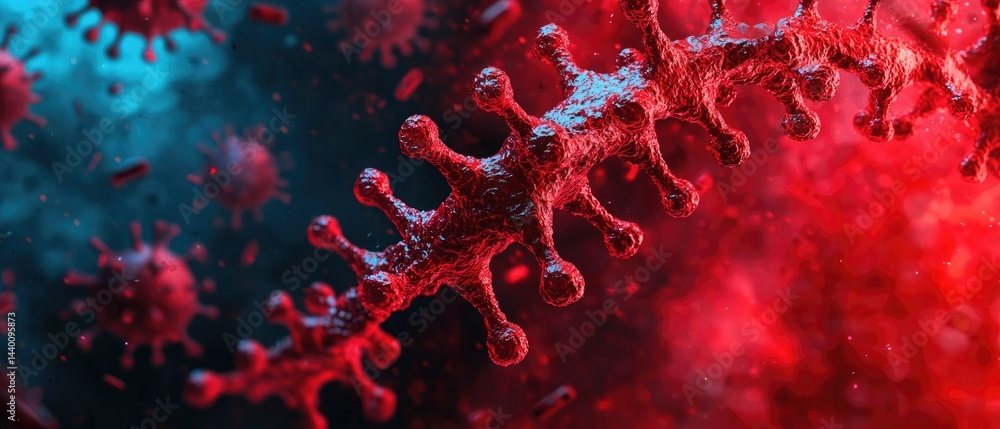 Poster dna nucleotide forensic concept. microscopic view of a virus with striking red and blue colors in a 
