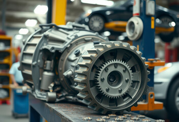 Obraz premium Closeup view of an automatic transmission gear part on a workbench, showcasing detailed mechanical components in a garage setting.
