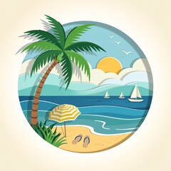Obraz premium Beach Paradise with Palm Tree, Umbrella, & Sailboats in Paper Cut Style