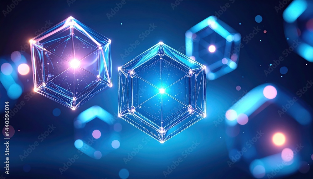 Poster dynamic particle simulation in abstract science environment futuristic hexagonal structures digital 