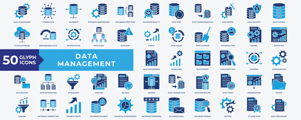 Data Management icon set with Database, Management, Data Transformation, Data Mining, Data Security, Data System, Cloud Database, Performance Data, Data Risk, Report, Statistics, Setting and Quality