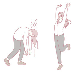 An illustration showcasing the extremes of human emotion the contrast of fatigue and happiness in daily life