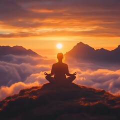 Meditating at Sunset on Mountain, Surrounded by Nature and Clouds
