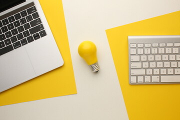 Business creativity and inspiration concepts with lightbulb and pencil on yellow background. motivation for success.think big ideas © Alina Zavhorodnii