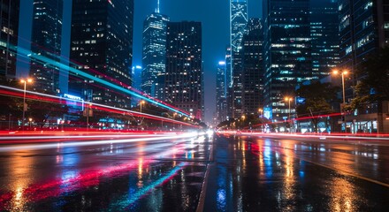 Fototapeta premium City Street at Night with Light Trails and Reflections